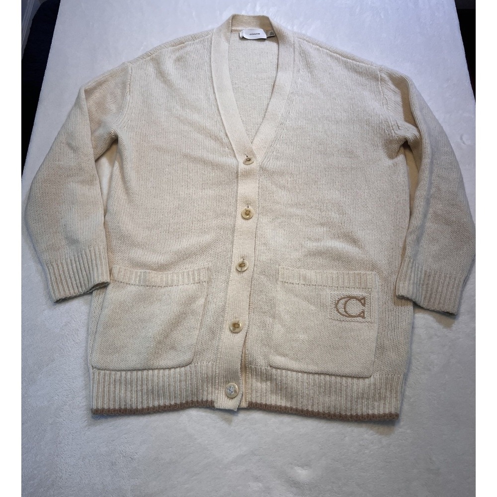 Coach Women's Heritage C Cardigan Size Large Ivory Button Up Sweater Long Sleeve